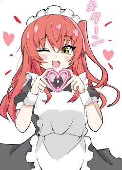 1girl absurdres apron black_dress blush bocchi_the_rock! breasts dress frills heart heart_hands highres kita_ikuyo long_hair looking_at_viewer maid maid_apron maid_headdress one_side_up open_mouth puffy_sleeves red_hair short_sleeves simple_background smile solo tylerdurdenen white_apron white_background yellow_eyes