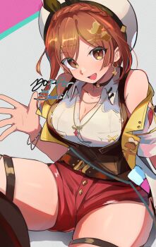 1girl atelier_(series) atelier_ryza atelier_ryza_3 bare_arms bare_shoulders beret bracelet braid breast_pocket breasts brown_eyes brown_gloves brown_hair brown_thighhighs brown_vest choker cleavage clover_hair_ornament collarbone crown_braid earrings gloves hair_ornament hat highres hirotaka_(hrtk990203) jewelry large_breasts leather_belt multiple_bracelets multiple_necklaces necklace pocket red_shorts reisalin_stout short_hair short_shorts shorts single_glove sleeveless smile solo star_(symbol) star_choker star_earrings star_necklace thighhighs thighs vest white_hat x_hair_ornament