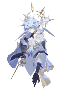 1boy absurdres black_gloves cape chinese_commentary coat commentary covered_eyes cropped_torso earrings flower gloves gold_earrings gold_halo halo halo_behind_head head_wings highres holding holding_staff honkai:_star_rail honkai_(series) jewelry male_focus multiple_wings parted_lips simple_background solo staff sunday_(honkai:_star_rail) undershirt white_background white_coat white_flower white_hair white_wings wide_sleeves wings zhizhicyzey