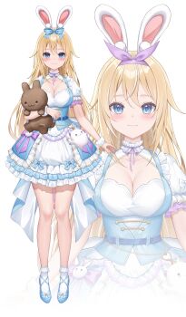 1girl absurdres animal_ear_fluff animal_ears blonde_hair blue_bow blue_dress blue_eyes blue_shoes blush bobby_socks bow breasts cleavage commentary copyright_request dress english_commentary frilled_dress frills hair_between_eyes hair_bow hairband highres large_breasts long_hair lunacle multicolored_hair multiple_views puffy_short_sleeves puffy_sleeves purple_hairband purple_ribbon rabbit_ears ribbon shoes short_sleeves simple_background socks standing streaked_hair stuffed_animal stuffed_rabbit stuffed_toy very_long_hair virtual_youtuber white_background white_dress white_hair white_socks zoom_layer