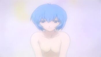 1girl animated anime_screenshot ayanami_rei blue_hair collarbone looking_at_viewer neon_genesis_evangelion nude red_eyes short_hair smile solo tagme video