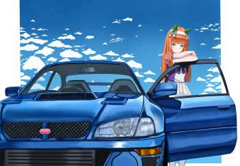 1girl absurdres animal_ears blunt_bangs car closed_mouth green_eyes hairband hashtag-only_commentary headlamp highres horse_ears horse_girl irv_v12 letterboxed long_hair looking_at_viewer motor_vehicle orange_hair school_uniform short_sleeves silence_suzuka_(umamusume) solo standing subaru_(brand) subaru_impreza summer_uniform tracen_school_uniform umamusume white_hairband
