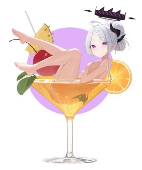 1girl absurdres ahoge alternate_costume ass bare_legs barefoot blue_archive cocktail cocktail_glass commentary completely_nude covering_breasts covering_privates cup demon_girl demon_horns demon_wings drinking_glass forehead hair_bun halo highres hina_(blue_archive) horns in_container in_cup knee_up long_hair looking_at_viewer lying mini_person minigirl nude on_back parted_bangs partially_submerged purple_eyes sidelocks simple_background single_hair_bun soles solo toes wavy_hair weimiaw white_background white_hair wings