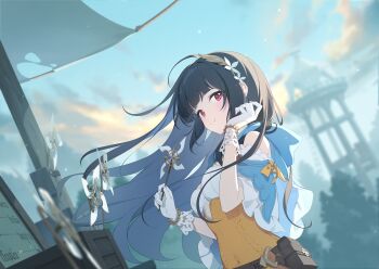 Rule 34 | 1girl, ahoge, bare shoulders, black hair, blunt bangs, blush, breasts, closed mouth, clothing cutout, covered navel, dutch angle, flower, game cg, glove cutout, gloves, hair flower, hair ornament, high-waist skirt, highres, holding, holding pinwheel, long hair, looking at viewer, medium breasts, nazuka (stella sora), non-web source, official art, outdoors, pink eyes, pinwheel, skirt, smile, solo, stella sora, upper body, white flower, white gloves, yellow skirt