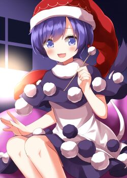 1girl :3 :d black_dress blush commentary_request completion_time doremy_sweet dress feet_out_of_frame hat highres holding looking_at_viewer mimikaki nightcap open_mouth pom_pom_(clothes) purple_eyes purple_hair red_hat ruu_(tksymkw) short_hair sitting smile solo tail touhou two-tone_dress white_dress