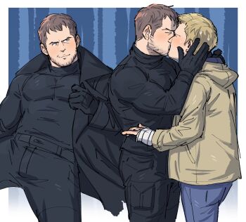 Rule 34 | 2boys, arm up, bandaged hand, bandages, black coat, black gloves, black pants, black shirt, blonde hair, blue pants, blush, border, brown hair, chris redfield, closed eyes, closed mouth, coat, commentary, couple, denim, english commentary, ethan winters, gloves, hand on another's face, highres, hood, hood down, hooded jacket, jacket, jeans, kalamari, kiss, lapels, long sleeves, looking to the side, male focus, missing finger, multiple boys, multiple views, nervous, nervous sweating, open clothes, open coat, outside border, pants, resident evil, resident evil village, shirt, short hair, sideways glance, smile, sweat, sweatdrop, turtleneck, white border, yaoi, yellow jacket