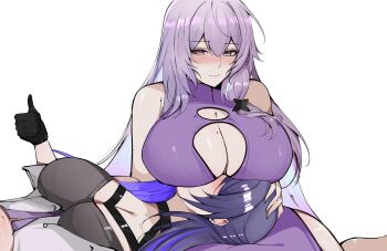 2girls acheron_(honkai:_star_rail) arnkun black_gloves black_swan_(honkai:_star_rail) blush breasts choker cleavage commentary covered_face crop_top english_commentary eyeliner gloves hair_between_eyes highres honkai:_star_rail honkai_(series) huge_breasts lap_pillow long_hair makeup mole mole_on_breast multiple_girls purple_hair sidelocks sleeveless strap very_long_hair white_background yellow_eyes yuri
