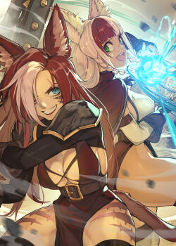 2girls absurdres animal_ears axe blue_eyes body_markings book breasts cat_ears cat_tail facial_mark fingerless_gloves gloves green_eyes hair_over_one_eye heterochromia hide_(hideout) highres holding holding_axe large_breasts long_hair multiple_girls open_book open_mouth original pelvic_curtain pink_hair red_hair sabrith_ebonclaw scar scar_across_eye scar_on_face scar_on_nose short_braid tail tayelle_ebonclaw teeth whisker_markings