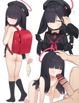 1boy 1girl aak absurdres adjusting_another's_hair ass backpack bag bar_censor beret black_gloves black_hair black_headwear black_shirt black_socks blue_archive blunt_bangs blush censored closed_eyes commentary completely_nude covered_eyes cropped_torso fellatio flat_chest full_body gloves hair_over_eyes halo hand_on_another's_head hat hetero highres holding holding_unworn_clothes holding_own_hair holding_panties holding_underwear holding_unworn_clothes justice_task_force_member_(blue_archive) kneehighs kneepits legs_together loli long_hair looking_back multiple_views nipples nude oral panties penis pov pov_hands randoseru red_bag red_halo school_uniform serafuku shirt socks spread_legs straight_hair testicles underwear veins veiny_penis very_long_hair