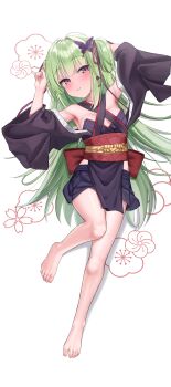 1girl absurdres barefoot blush feet green_hair highres japanese_clothes kensiejan long_hair looking_at_viewer lying murasame_(senren) on_back parted_lips pink_eyes senren_banka toes twintails