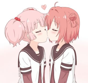 2girls akaza_akari blush chrislu07 closed_eyes commentary double_bun dress english_commentary gradient_background hair_bun heart highres kiss multiple_girls nanamori_school_uniform pink_background pink_hair red_hair school_uniform simple_background twintails white_background white_dress yoshikawa_chinatsu yuri yuruyuri