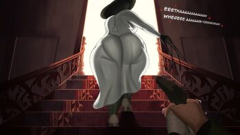 Rule 34 | 1boy, 1girl, alcina dimitrescu, ass, black hair, breasts, dress, endremora, ethan winters, from behind, from below, gun, hat, high heels, highres, huge ass, huge breasts, pale skin, pantylines, pov, resident evil, resident evil village, stairs, stairs, sun hat, weapon, white dress