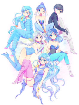 Rule 34 | 1990s (style), 2boys, 4girls, bad id, bad pixiv id, bare shoulders, beruche (sailor moon), bishoujo senshi sailor moon, bishoujo senshi sailor moon r, bishoujo senshi sailor moon s, bishoujo senshi sailor moon stars, bishoujo senshi sailor moon supers, blue eyes, blue footwear, blue hair, blue pantyhose, blue theme, blue thighhighs, boots, bracelet, braid, braided bangs, braided ponytail, breasts, choker, cleavage, color connection, crescent, crescent facial mark, earrings, facial mark, fish eye (sailor moon), forehead mark, hair ornament, highres, jewelry, large breasts, leotard, long hair, looking at viewer, medium breasts, multiple boys, multiple girls, one eye closed, pallapalla (sailor moon), pantyhose, pink legwear, pointy ears, retro artstyle, sailor aluminum seiren, sami (3a3i3a3i), saphir (sailor moon), short hair, simple background, single braid, sphere hair ornament, thighhighs, trap, very long hair, viluy (sailor moon), white background