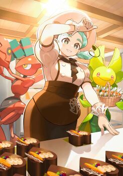 1girl absurdres apron ascot blush breasts brown_apron brown_ascot brown_skirt buttons chef_hat cooking gen_2_pokemon gen_5_pokemon gloves green_eyes green_hair hat highres katy_(pokemon) leavanny mole mole_on_cheek nintendo orange_mikan pokemon pokemon_(creature) pokemon_sv puffy_short_sleeves puffy_sleeves scizor shirt short_sleeves skirt smile waist_apron