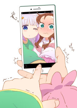 2girls aqua_eyes blue_eyes blush brown_hair cellphone cheek-to-cheek cosplay costume_switch embarrassed female_pov heads_together highres holding holding_phone kanna_kamui kobayashi-san_chi_no_maidragon light_purple_hair long_sleeves looking_at_phone multiple_girls one_eye_closed phone pov saikawa_riko samansa_ex selfie simple_background slit_pupils smartphone wavy_mouth white_background wide-eyed