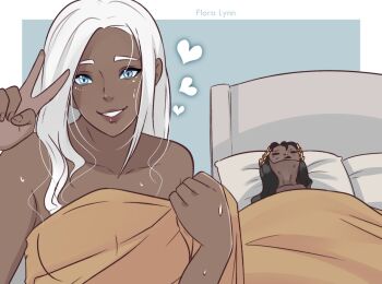 1boy 1girl aftersex artist_name bed bed_sheet blue_background blue_eyes breasts brown_hair commentary dark-skinned_female dark_skin emperor_of_mankind english_commentary erda_(warhammer_40k) flower_lynnn grin guy_tired_after_sex_(meme) heart hetero implied_after_sex laurel_crown light-skinned_palms long_hair looking_at_viewer medium_breasts meme pillow smile tan teeth two-tone_background v warhammer_40k white_background white_hair