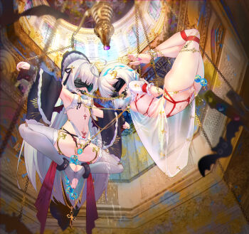 2girls absurdres anal anal_beads anal_object_insertion ankle_cuffs arms_behind_back ball_gag barefoot bdsm blindfold bondage bondage_cuffs bound bound_ankles bound_together bound_wrists breasts bush chain chained chained_ankles chained_cuffs chained_wrists collar crotch_rope cuffs double_insertion feet female_focus gag gagged grey_hair harness highres immobilization indoors long_hair multiple_girls nipples no_bra no_panties object_insertion orgasm original peeing pussy red_rope rope sex_toy shibari short_hair slave soles spread_legs suspension toes vaginal vaginal_object_insertion vaginal_spreader wrist_cuffs xiaomu314