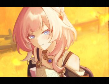 1girl bare_shoulders blue_eyes breasts coat commentary cyrene_(aedes_elysiae)_(honkai:_star_rail) cyrene_(honkai:_star_rail) dress hair_ornament highres honkai:_star_rail honkai_(series) jewelry letterboxed looking_at_viewer multicolored_hair mykytk necklace outdoors pink_hair purple_coat short_hair small_breasts smile solo symbol-only_commentary two-tone_hair upper_body white_dress white_hair