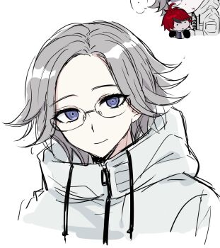 2boys aotsuki_eito blue_eyes blush chibi drawstring eyebrows eyelashes glasses highres looking_at_viewer male_focus multiple_boys open_mouth parted_lips sumino_takumi the_hundred_line_-last_defense_academy- upper_body white_hair zipper zipper_pull_tab