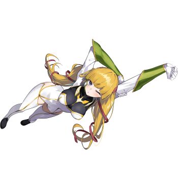 1girl blonde_hair blue_eyes blunt_bangs blush breasts code_geass code_geass:_genesic_re;code from_above grass hair_ribbon highres large_breasts long_hair mecha_pilot_suit monica_kruszewski non-web_source official_art one_eye_closed red_ribbon ribbon smile solo stretching transparent_background twintails