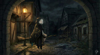 1girl absurdres arch backlighting black_cloak black_gloves black_shoes brick_road broom broom_riding cloak commentary_request expressionless gloves grey_eyes grey_hair half-timbered highres house lamppost looking_at_viewer looking_back medieval medium_hair night outdoors overcast puddle road ruins scenery shoes sky solo street town wanted_poster willta witch wizardry wizardry_variants_daphne
