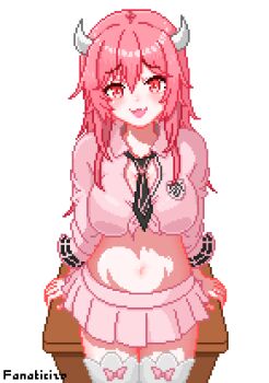 animated animated_gif breasts desk fanati highres horns necktie non-web_source on_desk original pink_hair pixel_art ribbon school_uniform sitting skirt smile standing thighhighs thighs white_horns winking_(animated)