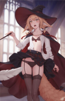 1girl animal_ear_fluff animal_ears black_bra black_cloak black_hat black_panties black_skirt black_thighhighs blonde_hair blurry blurry_background blurry_foreground bow bow_panties bra cloak collared_shirt commentary depth_of_field english_commentary feathers feet_out_of_frame flat_chest fox_ears fox_girl fox_tail garter_straps hat highres holding holding_wand khiara_(personal_ami) miniskirt open_clothes open_mouth open_shirt original panties personal_ami plaid_clothes plaid_skirt pleated_skirt red_bow red_cloak red_hat shirt signature skirt solo standing tail teeth thighhighs two-sided_cloak two-sided_fabric two-sided_headwear two-tone_cloak two-tone_headwear underwear wand white_shirt witch_hat yellow_eyes