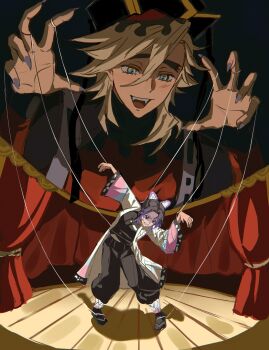 1boy 1girl animal_print black_hair black_jacket black_pants blonde_hair blue_eyes breasts butterfly_hair_ornament butterfly_print butterfly_print_haori byo_rk claws clenched_teeth curtains demon_slayer_uniform douma_(kimetsu_no_yaiba) fangs fingernails full_body furrowed_brow hair_between_eyes hair_ornament haori highres jacket japanese_clothes kimetsu_no_yaiba kochou_shinobu light_blush long_hair marionette medium_breasts open_mouth pants parted_bangs print_haori puppet puppet_strings puppeteering purple_eyes purple_hair purple_nails sandals sharp_fingernails sidelocks smile stage tabi teeth updo upper_body