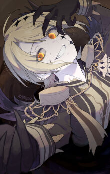 Rule 34 | 1girl, black gloves, black jacket, blonde hair, commentary request, cracked skin, crazy eyes, crazy smile, ear piercing, epaulettes, fingernails, gloves, hand on own head, hasumi leia, head tilt, highres, jacket, kotetsu 080, looking at viewer, mahou shoujo no majo saiban, piercing, sharp fingernails, short hair, smile, solo, spoilers, witch (manosaba), yellow eyes