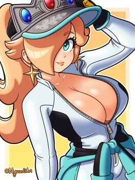 1girl black_gloves blonde_hair blue_eyes bodysuit border breasts cleavage closed_mouth clothes_around_waist dutch_angle gloves gradient_background hair_over_one_eye jacket jacket_around_waist large_breasts lips long_hair mario_(series) mario_kart nintendo nyazuli open_bodysuit open_clothes rosalina smile solo upper_body visor_cap white_bodysuit white_border yellow_background