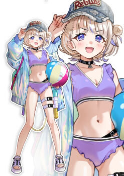 1girl absurdres azusamaru ball baseball_cap beachball bikini black_choker blonde_hair choker denim_headwear hair_bun hashtag-only_commentary hat highres hololive hololive_dev_is jacket purple_bikini purple_eyes sandals swimsuit todoroki_hajime water_gun