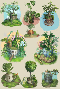 aqua_flower brown_background bucket building carrot collage commentary_request cup daisy_(flower) flower highres house ladder lamppost leaf murakoyafactory no_humans original pink_flower plant potted_plant simple_background spoon tree white_flower yellow_flower