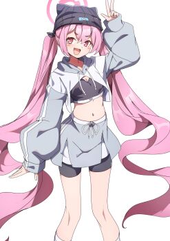 +_+ 1girl absurdres alternate_costume animal_ear_headwear arm_up beanie bike_shorts black_hat black_sports_bra blue_archive blush_stickers breasts fake_animal_ears feet_out_of_frame hair_between_eyes halo hat highres koyuki_(blue_archive) long_hair long_sleeves looking_at_viewer midriff millennium_science_school_logo navel open_mouth pink_eyes pink_hair pink_halo shrug_(clothing) simple_background sleeves_past_wrists small_breasts smile solo sports_bra to_(tototo_tk) twintails very_long_hair w white_background