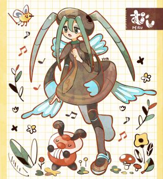 1girl aluy01 beamed_eighth_notes black_pantyhose blue_wings brown_dress brown_headwear brown_necktie bug_miku_(project_voltage) character_name closed_eyes coattails commentary cutiefly dress eighth_note eyeshadow flower fly_agaric full_body gen_4_pokemon gen_7_pokemon green_eyes green_hair grid_background hand_up hatsune_miku highres kricketot long_hair long_sleeves makeup mushroom musical_note necktie nintendo open_mouth pantyhose pokemon pokemon_(creature) project_voltage quarter_note solo standing standing_on_one_leg symbol-only_commentary twintails vocaloid wings yellow_flower