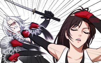 1boy 1girl armor azezazel bare_shoulders black_coat black_hair black_sleeves clenched_teeth closed_eyes coat collarbone commentary detached_sleeves earrings emphasis_lines english_commentary final_fantasy final_fantasy_vii final_fantasy_vii_remake gloves grey_hair hand_in_own_hair hand_on_own_head holding holding_sword holding_weapon jewelry jujutsu_kaisen long_hair masamune_(ff7) meme motion_blur naoya_hitting_choso_without_looking_(meme) parody parted_bangs parted_lips pink_lips punching rapid_punches red_gloves sephiroth shoulder_armor signature single_earring sword tank_top teeth tifa_lockhart twitter_username upper_body weapon white_tank_top