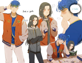 Rule 34 | 2boys, alternate costume, alternate universe, black hair, blue eyes, blue hair, book, commentary, contemporary, crossed arms, darkgreyclouds, english commentary, fire emblem, fire emblem: path of radiance, green headband, headband, holding, holding book, ike (fire emblem), implied yaoi, jacket, letterman jacket, long hair, male focus, multiple boys, multiple views, nintendo, open clothes, open jacket, short hair, soren (fire emblem), studying, yaoi