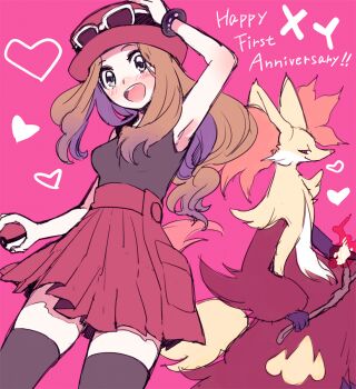 1girl :d amezawa_koma anniversary arm_up armpits black_shirt black_thighhighs blush delphox eyewear_on_headwear gen_6_pokemon grey_eyes hat heart holding holding_poke_ball looking_at_viewer nintendo open_mouth poke_ball poke_ball_(basic) pokemon pokemon_(creature) pokemon_xy red_headwear red_skirt serena_(pokemon) shirt skirt sleeveless sleeveless_shirt smile teeth thighhighs upper_teeth_only
