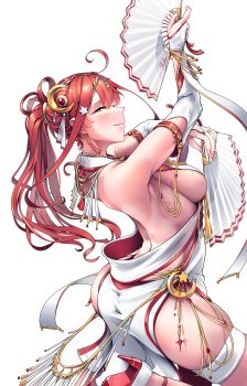 1girl 5hibu05 absurdres ahoge alternate_costume alternate_hairstyle arched_back arm_strap ass backless_dress backless_outfit bare_shoulders belly_chain blue_eyes blush breasts commentary_request dancer dress from_side go-toubun_no_hanayome hair_ornament half-closed_eyes hand_fan harem_outfit hat_ornament high_heels high_ponytail highres holding holding_fan jewelry large_breasts long_hair looking_at_viewer nakano_itsuki parted_lips pelvic_curtain ponytail profile red_shoes shoes side_slit signature simple_background solo standing standing_on_one_leg star_(symbol) star_hat_ornament thigh_strap thighs white_background white_dress