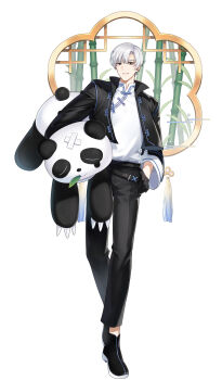 1boy absurdres animal bamboo belt black_belt black_gloves black_jacket black_pants black_shoes bracelet carrying carrying_under_arm closers crossed_bandaids full_body gloves grey_eyes grin highres holding holding_animal j_(closers) jacket jewelry lattice looking_at_viewer male_focus mandarin_collar official_art open_clothes open_jacket panda pants shirt shirt_tucked_in shoes short_hair smile solo tachi-e walking white_background white_hair white_shirt wide_sleeves window