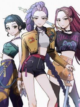 Rule 34 | 3girls, black choker, black hair, black shirt, black shorts, black thighhighs, choker, crop top, earrings, green shirt, high ponytail, highres, holding, holding polearm, holding weapon, iwawa, jacket, jewelry, kpop demon hunters, long hair, looking at viewer, mira (kpop demon hunters), multiple girls, pants, parted bangs, polearm, ponytail, purple hair, purple pants, red hair, rumi (kpop demon hunters), shirt, short hair, shorts, simple background, skirt, smile, thighhighs, twintails, very long hair, weapon, white background, white shirt, yellow jacket, yellow skirt, zoey (kpop demon hunters)