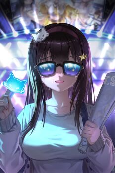 4girls anis_(nikke) anis_(star)_(t.t._star)_(nikke) baige black_hair breasts cat_hair_ornament commentary crying english_commentary glasses goddess_of_victory:_nikke grey_shirt hair_ornament highres light_smile long_hair long_sidelocks long_sleeves mint_(nikke) multiple_girls open_mouth prika_(nikke) riss_(nikke) shirt sidelocks t.t._star_(nikke)