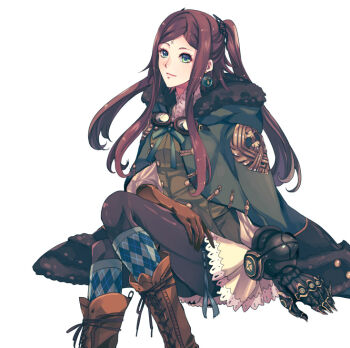 1girl argyle_clothes argyle_socks arm_out_of_sleeve black_pantyhose boots brown_boots brown_gloves brown_hair buttons closed_mouth coat commentary_request double-breasted drag-on_dragoon drag-on_dragoon_3 earrings facial_mark feet_out_of_frame forehead_mark four_(drag-on_dragoon) fu_yukari fur-trimmed_coat fur-trimmed_hood fur_trim gloves goggles goggles_around_neck green_coat green_eyes green_shirt green_socks hair_ornament hand_on_own_thigh hood hood_down invisible_chair jewelry kneehighs lace lace-trimmed_skirt lace-up_boots lace_trim long_hair long_sidelocks long_sleeves mechanical_hands open_clothes open_coat pantyhose parted_bangs roman_numeral shirt sidelocks simple_background single_mechanical_hand sitting skirt socks solo toggles twintails white_background yellow_skirt