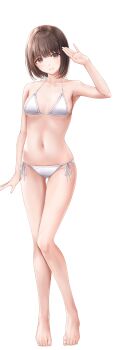 1girl artist_request barefoot bikini breasts brown_eyes brown_hair full_body grin hand_up highres looking_at_viewer navel official_art seifuku_kanojo seifuku_kanojo_2 short_hair side-tie_bikini_bottom simple_background small_breasts smile solo standing stomach swimsuit tamayori_himari transparent_background white_bikini