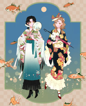 2girls :p absurdres black_hair black_kimono black_shoes bow brown_eyes brown_hair feathers fish floral_print floral_print_kimono frills goldfish green_kimono hand_fan headpiece high_heels highres holding japanese_clothes kimono lingcod_dayu multiple_girls obi original paper_fan print_kimono sash shoes socks tongue tongue_out umbrella white_socks wide_sleeves yellow_eyes