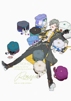 Rule 34 | > <, 1boy, :<, animalization, aqua eyes, artist name, aventurine (honey dice) (honkai: star rail), aventurine (honkai: star rail), bandages, belt, black-framed eyewear, black boots, black cat, black gloves, black jacket, black pants, blade (honkai: star rail), blade (sesame cake) (honkai: star rail), blue cat, blue eyes, blush, book, boots, bracelet, brother and sister, caelus (honkai: star rail), cake cat (honkai: star rail), cat, cat tail, chain, closed eyes, closed mouth, collarbone, dan heng (honkai: star rail), dan heng (rice dumpling) (honkai: star rail), dice, empty eyes, eyeliner, eyewear on head, fingerless gloves, flower, food, full body, gloves, gold bracelet, gold chain, green eyes, grey belt, grey cat, grey hair, hair between eyes, hand on own stomach, highres, holding, holding book, honkai: star rail, honkai (series), hood, hooded jacket, jacket, jewelry, jing yuan, kafka (honkai: star rail), kafka (shader cat) (honkai: star rail), lapels, leaf print, long sleeves, looking at another, looking at object, looking down, lying, makeup, male focus, maple leaf print, march 7th (honkai: star rail), march 7th (ice cake) (honkai: star rail), mooncake, multicolored eyes, on back, open book, open clothes, open jacket, open mouth, pants, pastry, phainon (coconut snow cap) (honkai: star rail), phainon (honkai: star rail), pink cat, pink eyes, purple cat, reading, red eyeliner, robin (charmony kitty) (honkai: star rail), robin (honkai: star rail), round eyewear, rowya, shirt, short hair, siblings, silver wolf (gateau gamer) (honkai: star rail), silver wolf (honkai: star rail), simple background, sleeping, sparkling eyes, spider web print, spread legs, star (symbol), star print, sun symbol, sunday (honkai: star rail), sunday (sundae angelica) (honkai: star rail), sunglasses, t-shirt, tail, tissue, trailblazer (honkai: star rail), trailblazer (trash cake) (honkai: star rail), two-sided fabric, two-sided jacket, watermark, white background, white cat, white flower, white shirt, yellow eyes, yellow jacket