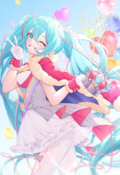 1girl absurdres akovo blue_eyes blue_hair blue_sky breasts cloak commentary_request crown day dress english_text from_side fur-trimmed_cloak fur_trim grin hair_between_eyes hands_up hatsune_miku heart heart-shaped_pillow highres holding long_hair looking_at_viewer looking_to_the_side medium_breasts one_eye_closed outdoors pantyhose pillow red_cloak sky smile solo twintails unworn_crown v very_long_hair vocaloid white_dress white_pantyhose