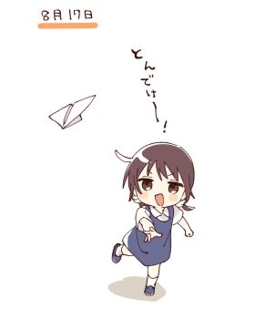 1girl :d blue_dress blue_shoes blush_stickers brown_eyes brown_hair child collared_shirt commentary_request dress full_body funami_mari hair_ornament highres namori open_mouth paper_airplane pinafore_dress pom_pom_(clothes) pom_pom_hair_ornament shirt shoes short_hair short_sleeves simple_background sleeveless sleeveless_dress smile socks solo standing throwing translation_request v-shaped_eyebrows white_background white_shirt white_socks yuruyuri