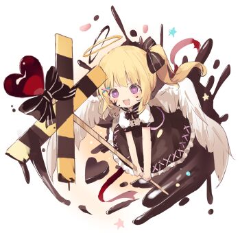 >:) 1girl angel_wings black_bow black_bowtie black_halo black_sailor_collar black_skirt blonde_hair bow bowtie candy chocolate chocolate_heart chocolate_on_face diorama food food_on_face frilled_skirt frills fujii_shino hair_ornament halo happy heart heart-shaped_food highres holding holding_sign long_hair long_skirt multiple_halos open_mouth original ponytail purple_eyes railroad_signal ribbon-trimmed_skirt ribbon_trim sailor_collar shirt short_sleeves sign simple_background skirt smile solo star_(symbol) teeth traditional_halo train upper_teeth_only v-shaped_eyebrows valentine white_background white_shirt white_wings wings x_hair_ornament yellow_halo