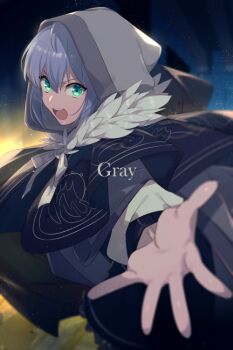 1girl aqua_eyes breasts character_name cloak echo_(circa) fate_(series) gray_(assassin)_(fate) gray_(fate) grey_background hood hooded hooded_cloak long_hair long_sleeves looking_at_viewer lord_el-melloi_ii_case_files medium_breasts open_mouth outstretched_arm solo