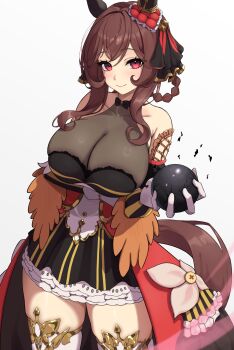 1girl absurdres animal_ears arm_under_breasts azuki_(azuki_azukki) ball bare_shoulders black_dress blush braid braided_hair_rings breasts brown_hair brown_tail closed_mouth commentary_request dress ear_ornament gentildonna_(regina_dei_fiori)_(umamusume) gentildonna_(umamusume) gloves hair_rings heart-shaped_ornament heart_ear_ornament highres holding holding_ball horse_ears horse_girl horse_tail large_breasts long_hair looking_at_viewer metal_ball red_eyes see-through_cleavage see-through_clothes simple_background skindentation smile solo tail thick_thighs thighs umamusume white_background white_gloves